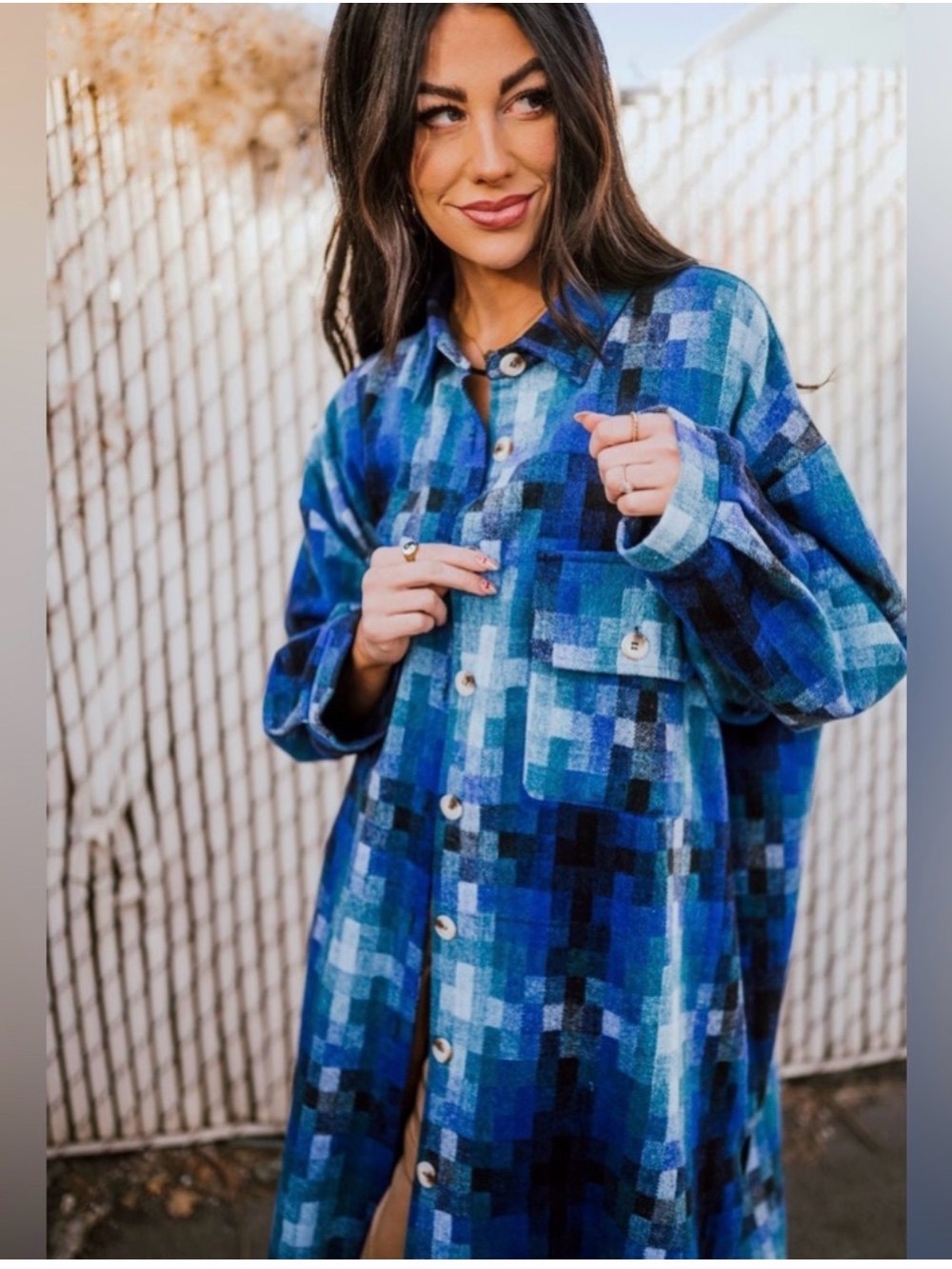 Dressed in LALA Blue Multi-Check Oversized Long Button Down Wool Shacket